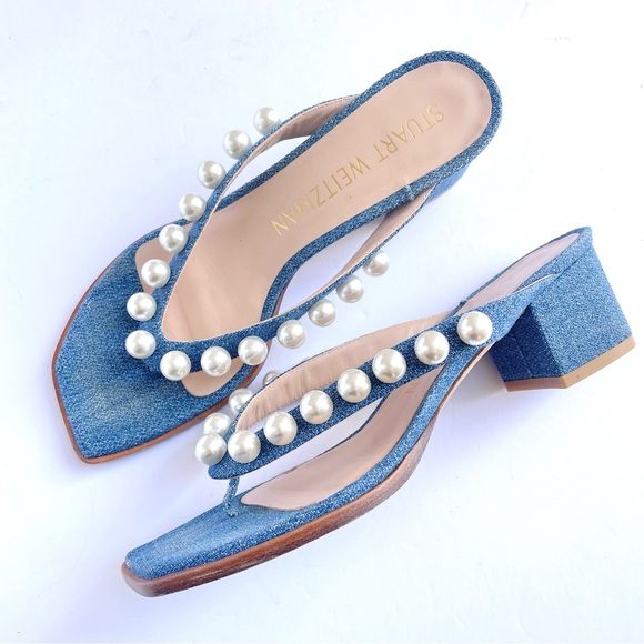 Stuart Weitzman Shoes - $450 STUART WEITZMAN Goldie 50 Pearly Stud Denim Sandals SLIDE THONG